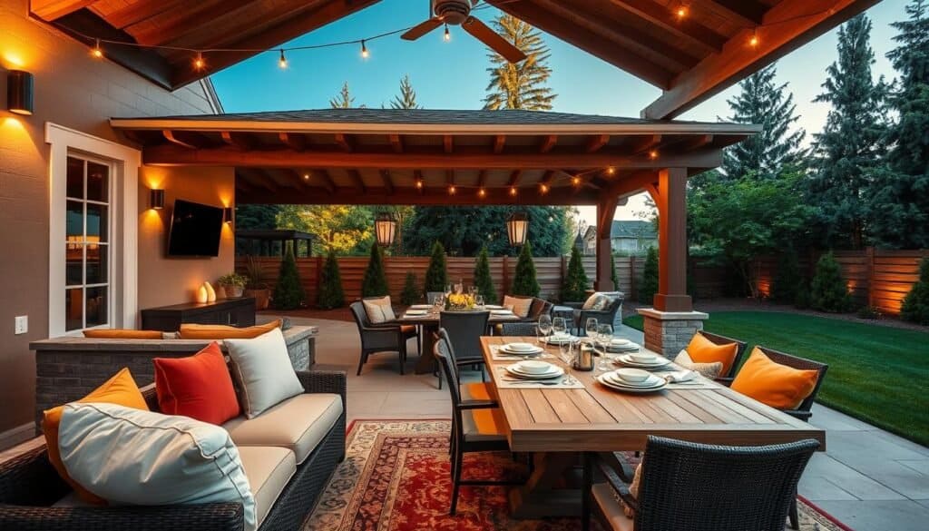 A beautifully designed backyard pavilion featuring entertainment elements, such as comfortable outdoor seating, a dining area with a stylish table and chairs, and ambient lighting integrated into the structure. In the foreground, showcase plush cushions in warm colors on the seating, along with a decorative outdoor rug to enhance coziness. In the middle ground, include a high-quality wooden dining table set with elegant dinnerware and string lights hanging overhead, creating an inviting atmosphere. In the background, incorporate lush greenery, tall trees, and a clear blue sky with soft sunlight illuminating the scene. Capture this image from a slightly elevated angle to emphasize the pavilion's features and create a sense of spaciousness, conveying a warm and inviting mood perfect for outdoor gatherings.