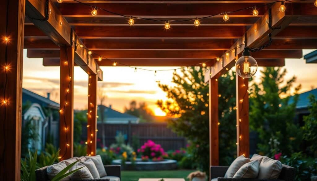 A beautifully designed backyard pergola adorned with warm, glowing string lights, creating a cozy and inviting atmosphere. In the foreground, elegant wooden beams of the pergola frame a seating area with plush outdoor cushions, inviting viewers to imagine relaxing evenings. The middle ground features lush greenery and colorful flowering plants, enhancing the garden’s charm. In the background, a sunset sky casts a golden hue, reminiscent of tranquil summer evenings. The lighting is soft and natural, highlighting the craftsmanship of the wooden structure. The scene is airy and well-lit, capturing a serene and harmonious ambiance ideal for outdoor gatherings. The perspective is slightly elevated, showcasing the depth and layout of the landscaped backyard space.