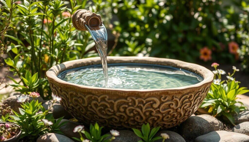 A beautifully designed bowl water feature gracefully nestled in a small garden space, showcasing a large, intricately textured ceramic bowl filled with crystal-clear water. The bowl is surrounded by vibrant green plants, delicate flowers, and smooth stones that create a harmonious natural setting. In the foreground, soft sunlight reflects off the water's surface, creating sparkling highlights. The middle ground features gentle ripples as water spills from an elegant spout adorned with decorative carvings. In the background, lush foliage provides a tranquil backdrop, with dappled light filtering through the leaves. The overall atmosphere is serene and inviting, capturing the essence of a peaceful backyard retreat, ideal for small spaces. The image should be well-lit, emphasizing the freshness and clarity of the water, as well as the natural beauty surrounding the feature.