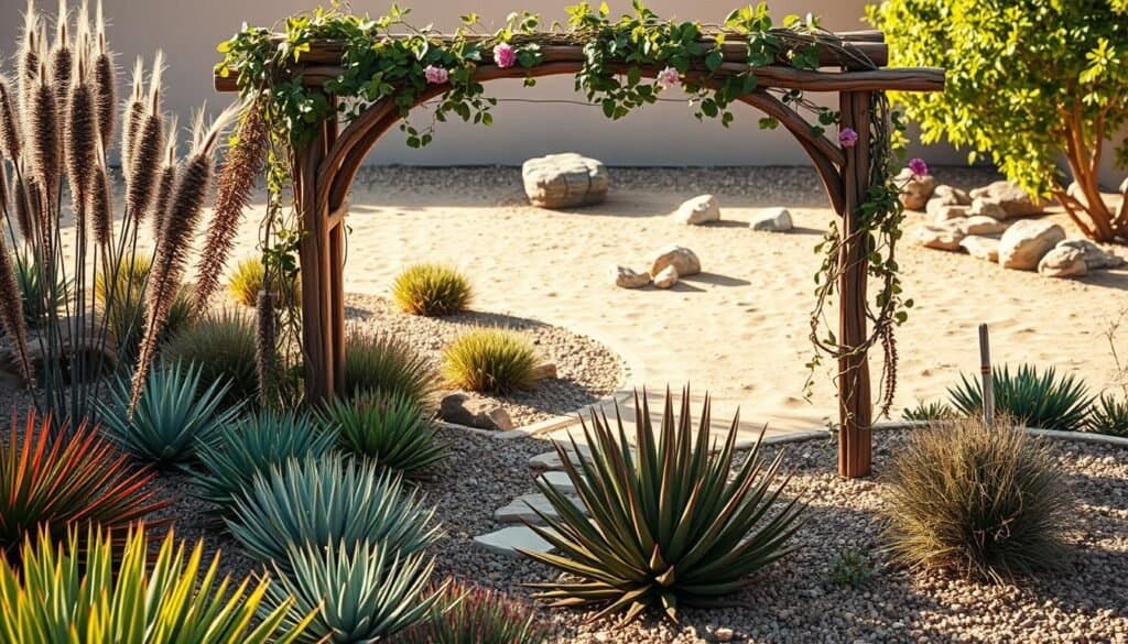 A beautifully designed dry garden landscape featuring a decorative garden archway as the focal point. In the foreground, vibrant succulents and ornamental grasses create a textured, drought-resistant environment. The middle ground showcases an intricately crafted wooden arch, adorned with climbing vines and flowers, inviting viewers into the space. In the background, a serene, sandy path leads to softly lit, sparse shrubs and stones, emphasizing the minimalist dry garden aesthetic. The scene is illuminated by bright natural light and soft sunlight filters through the arch, creating a warm and welcoming atmosphere. Capture this picturesque moment from a slightly elevated angle, conveying the peaceful essence of a well-planned backyard entrance.