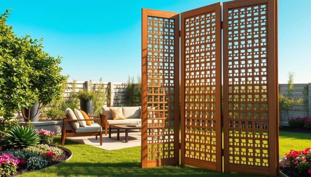 A beautifully designed folding screen divider made of natural wood, showcasing intricate lattice patterns. The screen is placed in a cozy backyard seating area, surrounded by lush green foliage and colorful flower beds, creating a sense of privacy and tranquility. In the foreground, the screen stands tall and elegant, with soft sunlight filtering through, casting gentle shadows on the grass below. In the middle ground, a comfortable seating arrangement of stylish, modest furniture complements the screen, inviting relaxation. The background features a clear blue sky, enhancing the bright, airy atmosphere of the scene. The composition should capture the charm of a well-lit outdoor space, emphasizing the versatility of folding screen dividers.