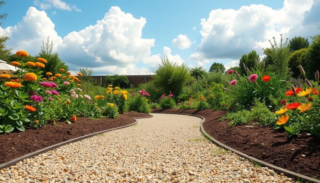 A beautifully designed gravel garden path meanders through a lush garden, showcasing various benefits of gravel paths. In the foreground, fine, dry gravel with varying colors and sizes creates an inviting walking surface. To the sides, flowering plants and greenery thrive, highlighting biodiversity and attracting pollinators. The middle ground features a gentle curve of the path surrounded by well-mulched garden beds filled with vibrant flowers and shrubs, emphasizing easy maintenance and natural aesthetics. In the background, a bright blue sky peeks through soft, fluffy clouds, illuminated by warm sunlight creating a cheerful atmosphere. The scene captures a tranquil and serene outdoor space, inviting viewers to consider the practicality and charm of gravel paths in their own gardens. The perspective is slightly elevated, providing a comprehensive view of the path’s integration into the landscape.