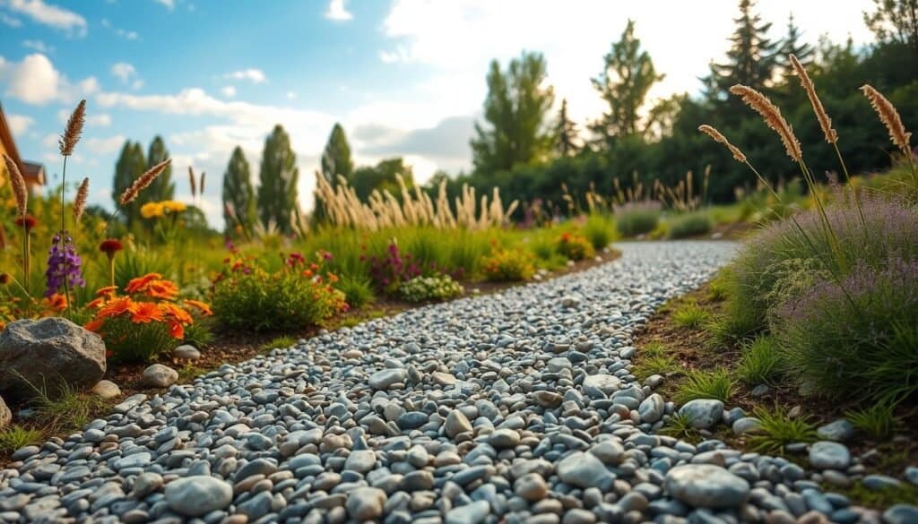 A beautifully designed gravel garden path, winding through a lush green garden. In the foreground, the path is lined with smooth, rounded pebbles and irregular stones, showcasing various textures and colors. In the middle ground, vibrant flowering plants and ornamental grasses contrast with the earthy tones of the gravel, creating a harmonious blend of nature. The background features a soft-focused backdrop of tall trees and a blue sky with gentle clouds, illuminated by warm, soft sunlight. The scene captures a serene and inviting atmosphere, ideal for outdoor gardening design inspiration. A bird's eye view angle emphasizes the path's curves and dimensions, providing a clear perspective for planning garden layouts.