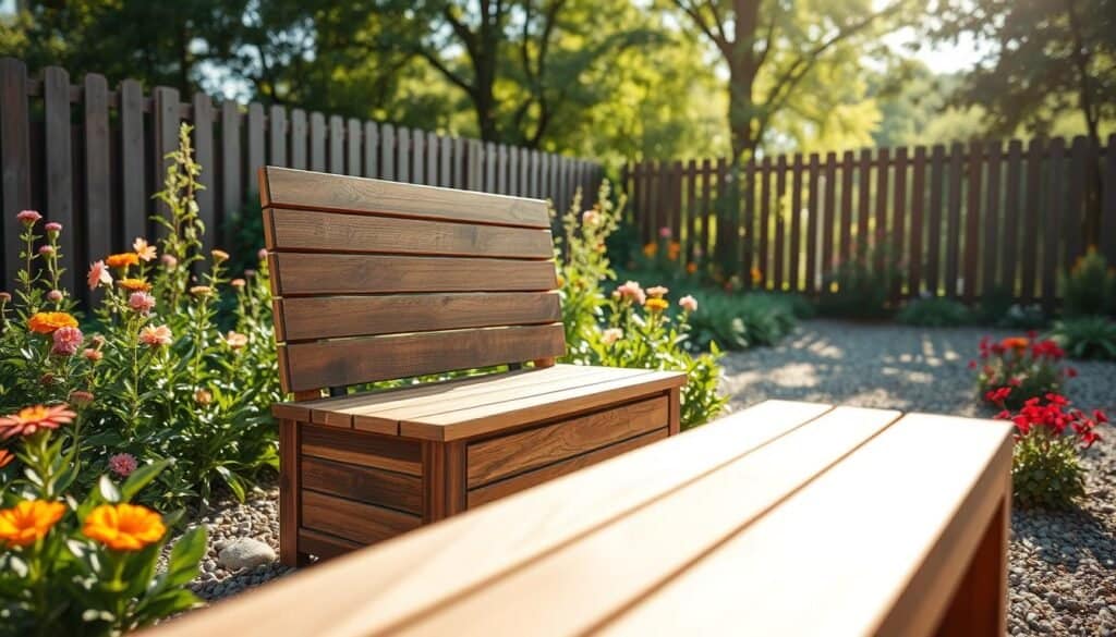 A beautifully designed outdoor bench, showcasing integrated storage beneath the seat. The bench features a rustic wooden finish with clean lines and a comfortable, inviting shape. It sits in a lush garden, surrounded by vibrant green plants and colorful flowers. In the foreground, the bench fills the scene, capturing the intricate details of the wood grain and the cleverly concealed storage space. The middle ground consists of blooming seasonal plants and small decorative stones, enhancing the outdoor atmosphere. In the background, a softly blurred fence and trees softly dappled by bright, natural light create a sense of tranquility. The image is illuminated with warm, soft sunlight, giving a serene and relaxed mood, perfectly illustrating functional outdoor furniture.
