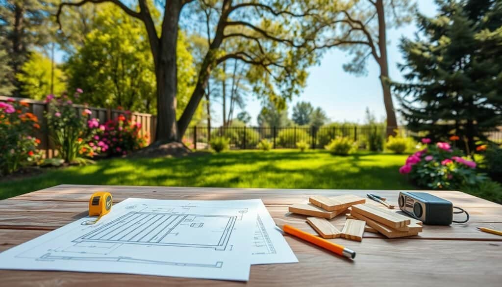 A beautifully designed outdoor furniture plan displayed on a wooden table in a serene backyard setting. In the foreground, sketches and measurements of a wood bench are scattered, alongside tools like a tape measure, pencil, and wood samples. In the middle ground, lush green grass surrounds the table, with blooming flowers adding color and vibrancy. The background features tall trees and a clear blue sky, bathed in soft sunlight, creating a warm and inviting atmosphere. The scene captures a sense of organization and preparation, highlighting the important planning factors involved in building an outdoor wood bench. Use bright natural light and an aerial perspective to enhance the clarity and detail of the furniture plans.