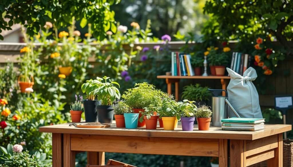 A beautifully designed outdoor potting bench in a garden setting, showcasing a practical and efficient work surface. The foreground features a sturdy wooden workbench adorned with potted plants, gardening tools, and soil bags neatly organized. The middle layer captures vibrant herbs growing in colorful pots and a watering can, while a small wooden shelf displays a collection of gardening books. In the background, a lush garden filled with flourishing greenery and flowers create a serene atmosphere. Soft sunlight filtering through the leaves casts gentle shadows, enhancing the warmth of the scene. The image should have a bright and airy feel, evoking a sense of tranquility and inspiration for DIY gardening enthusiasts. Lens focus on the work surface, with a shallow depth of field.