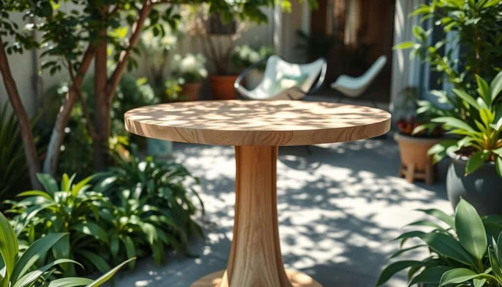 A beautifully designed pedestal table situated on a small patio surrounded by vibrant greenery. The table features a sleek, modern design with a round top made of light wood and a sturdy pedestal base. Sunlight filters through nearby trees, casting soft shadows on the surface, enhancing the warm, inviting tones of the wood. In the background, a cozy seating area is visible with stylish chairs and potted plants, contributing to a serene garden atmosphere. The scene is presented from a slightly elevated angle, showcasing the table's intricate craftsmanship and the overall inviting ambiance of the outdoor space. The lighting is bright and natural, highlighting the textures of the wood and the lush greenery around it.