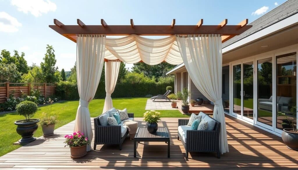 A beautifully designed pergola patio seamlessly attached to a modern house, showcasing a cozy outdoor space with comfortable seating. The foreground features a wooden patio deck adorned with plush cushions and a small coffee table, surrounded by potted plants and flowers for a vibrant touch. In the middle ground, the elegant pergola provides shade, with soft drapes gently flowing in the breeze, allowing dappled sunlight to filter through. The background includes a well-maintained lush lawn and a glimpse of the house with large windows reflecting the bright, natural light of a sunny day. The scene conveys a serene and inviting atmosphere, perfect for relaxation and outdoor gatherings, captured from a slightly elevated angle to emphasize the layout and connection between the house and the patio.