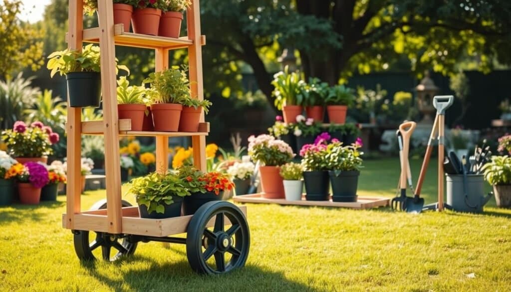A beautifully designed portable plant cart for gardening, featuring multiple tiers filled with vibrant potted plants in various sizes and colors. The foreground highlights the cart's sturdy wooden frame with smooth wheels, showcasing its practical design. In the middle ground, the cart is positioned on a lush green lawn, surrounded by colorful flowers and garden tools. In the background, soft sunlight filters through the leaves of nearby trees, creating an airy, inviting atmosphere. The scene is captured from a slightly elevated angle, emphasizing the cart's functionality and the thriving garden environment, evoking a sense of serenity and joy in gardening. Overall, the mood is bright, cheerful, and natural, reflecting a perfect day spent tending to plants.