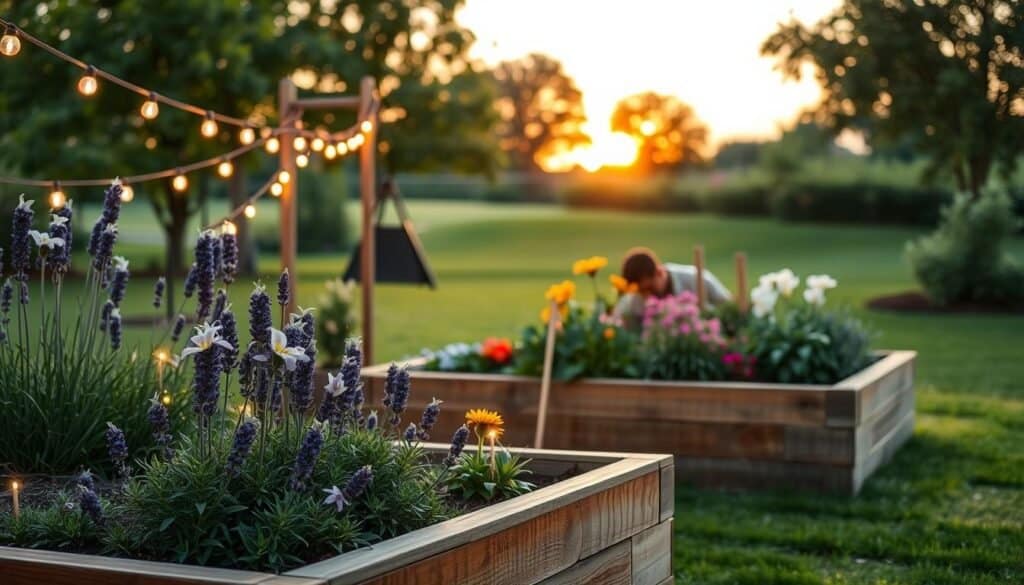 A beautifully designed raised garden bed framed by rustic wooden boards, adorned with an array of blooming pollinator plants such as lavender and bee balm. Soft, warm lighting illuminates the scene, with string lights delicately draped along the edges of the beds, casting a gentle glow in the twilight. In the background, a lush green lawn and a few leafy trees can be seen under a soft sunset sky. The angle captures the garden beds from a slight elevation, allowing a clear view of the plants and lighting. The mood is serene and inviting, evoking feelings of tranquility and joy in gardening. The overall atmosphere is bright and airy, filled with the beauty of nature and soft natural light.