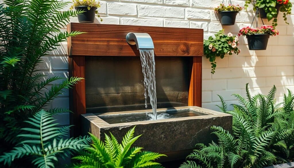 A beautifully designed wall-mounted water feature in a small garden space, featuring a rustic wooden frame with water gently cascading from a sleek, modern stainless-steel spout into a shallow stone basin. In the foreground, lush green plants, including ferns and succulents, create a vibrant contrast against the wood and metal. The middle section showcases the flowing water illuminated by soft, warm sunlight, highlighting the textures of the wood and stones. The background reveals a pale, brick wall that enhances the serene atmosphere, surrounded by hanging planters with blooming flowers. The overall mood is tranquil and inviting, captured from a slightly angled perspective to emphasize depth, with bright natural light enhancing the clarity of details and the harmony of the scene.
