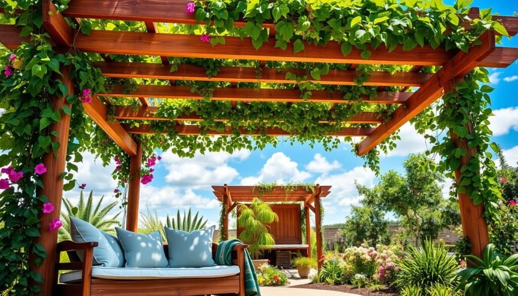 A beautifully designed wooden pergola adorned with lush climbing plants, including vibrant green vines and colorful flowers, creating a natural canopy. In the foreground, a cozy seating area with comfortable cushions on a rustic wooden bench, inviting relaxation. The middle ground showcases the pergola surrounded by a well-maintained garden filled with various plants and soft, colorful blooms, enhancing the tranquil atmosphere. In the background, a clear blue sky with soft, fluffy clouds allows sunlight to filter gently through the leaves, casting dappled shadows on the ground. The scene is bright and airy, captured from a slightly elevated angle to emphasize depth and create a serene, inviting mood, perfect for outdoor lounging and enjoying nature.