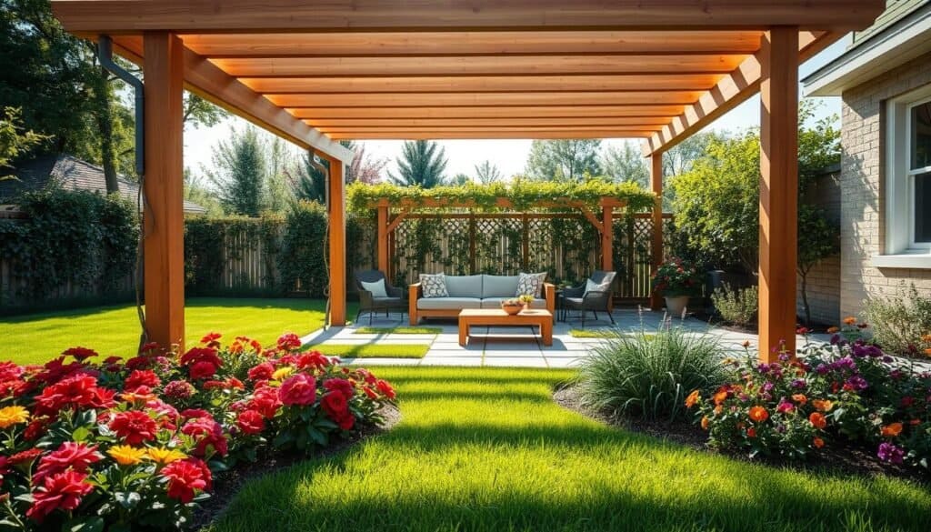 A beautifully landscaped backyard featuring a modern pergola providing shade over a cozy sitting area. In the foreground, rich green grass is dotted with vibrant flower beds, showcasing colorful blooms in red, yellow, and purple. The pergola, made of warm-toned wood, has a minimalist design with climbing vines weaving through the beams. In the middle ground, a comfortable outdoor sofa and a wooden coffee table are arranged under the pergola, inviting relaxation. The background reveals a fence adorned with greenery, creating a private oasis. Soft sunlight filters through the pergola, casting gentle shadows on the patio stones. The atmosphere is tranquil and inviting, perfect for enjoying a sunny day outdoors. Captured with a wide-angle lens to encompass the entire scene, the image evokes a serene and stylish backyard retreat.