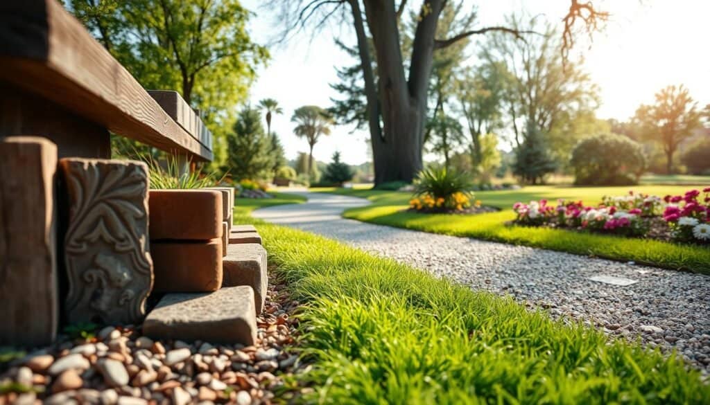 A beautifully landscaped garden path featuring various edging materials for a gravel walkway. In the foreground, close-up details of wooden timbers, decorative bricks, and natural stones set meticulously along the edge of the path. The middle ground shows a gently winding gravel path bordered by lush green grass and colorful flower beds, creating a vibrant contrast. The background includes a serene garden scene with tall trees and a clear blue sky, illuminated by soft sunlight filtering through the leaves, enhancing the tranquil ambiance. Shot with a wide-angle lens to capture the depth and texture of the materials, evoking a sense of harmony and natural beauty in a well-maintained outdoor space.