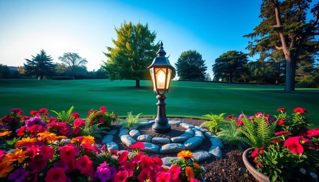 A beautifully landscaped garden surrounding a charming vintage lamp post, situated at the center of the image. In the foreground, vibrant flower beds bloom with colorful petunias and daisies, interspersed with lush green ferns. The middle ground features the elegant lamp post, casting a warm, inviting glow as the soft sunlight filters through the leaves. Surrounding it are neatly arranged stones, creating a welcoming path leading to the lamp. In the background, a tranquil lawn stretches out under clear blue skies, with a few trees providing gentle shade. The scene is bathed in bright, natural light, evoking a serene and enchanting atmosphere, perfect for evening gatherings or quiet moments in the garden.