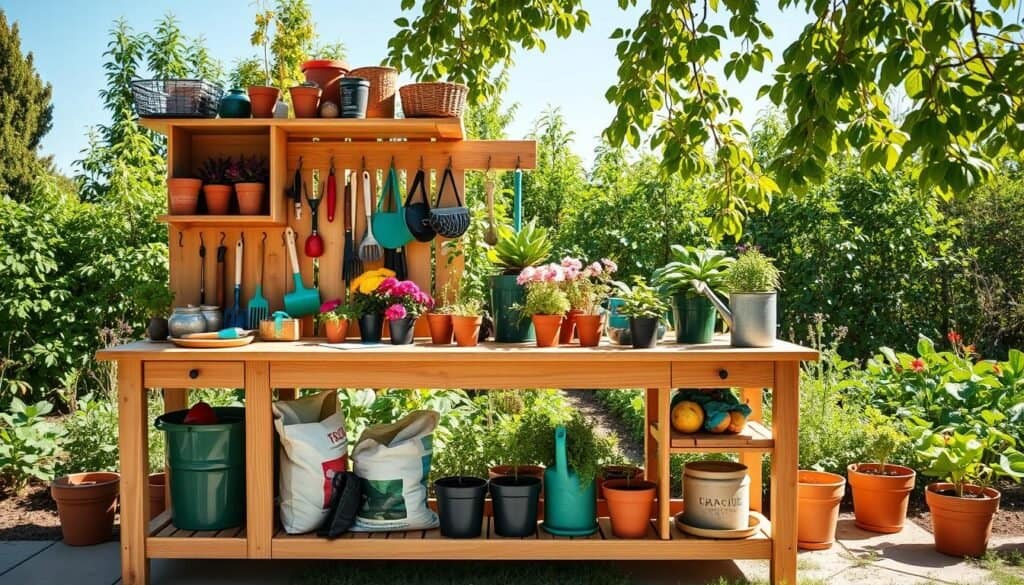 A beautifully organized DIY garden potting bench set in a sunlit outdoor space, designed for maximum efficiency and functionality. In the foreground, a wooden potting bench adorned with various gardening tools, pots, and soil bags, showcasing built-in shelving and hooks for easy access. In the middle, vibrant potted plants add color and life, while a watering can sits ready for use. The background features lush greenery, perhaps a flower bed or herb garden, under a clear blue sky. The scene is illuminated by soft, natural sunlight filtering through the leaves, creating a warm and inviting atmosphere. The composition should evoke a sense of productivity and peaceful gardening, captured from a slightly elevated angle to showcase the workspace effectively.