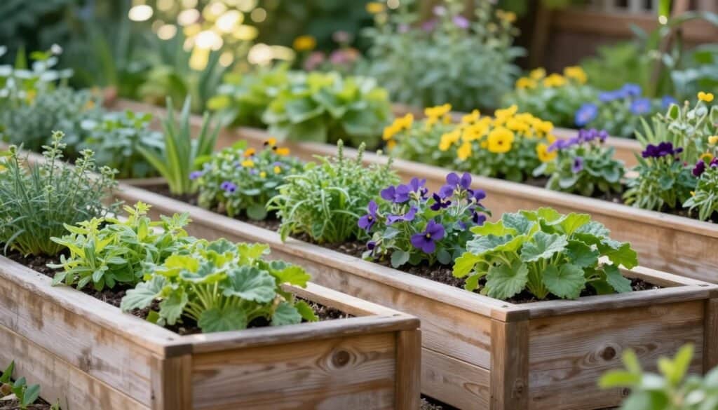 A beautifully organized garden bed design featuring multiple divider boxes made from natural wood, showcasing an inviting and harmonious layout. In the foreground, focus on a close-up of the rustic wooden dividers, slightly weathered yet well-maintained, with vibrant green plants flourishing on either side. The middle ground includes a variety of healthy herbs and flowering plants, creating a colorful tapestry of greens, purples, and yellows. In the background, a soft-focus garden with sunlight filtering through leaves creates an airy atmosphere, enhancing the feeling of tranquility. The scene is illuminated by soft natural light, highlighting the textures of the wood and plants. Captured with a wide-angle lens, the image invokes a sense of peaceful organization, ideal for inspiring DIY garden enthusiasts.