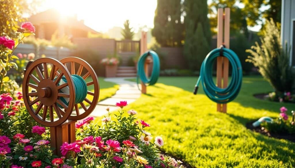 A beautifully organized garden with a variety of creative garden hose storage solutions. In the foreground, a stylish wooden hose reel, intricately designed, contrasts with vibrant flower beds filled with blooming plants. In the middle, a sturdy wall-mounted hose holder showcases a neatly coiled hose, surrounded by attractive greenery. In the background, a well-maintained backyard complete with a classic stone path and lush grass basks in warm, soft sunlight, creating an inviting atmosphere. The overall scene captures a sense of tranquility and careful planning, illustrating how practical storage can enhance the beauty of outdoor spaces. The lighting is bright and natural, highlighting the textures of wood and foliage, with a slight depth of field to draw attention to the hose storage solutions.