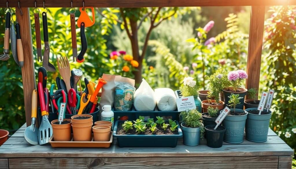 A beautifully organized gardening tool station located on a rustic potting bench with a wooden texture. In the foreground, showcase neatly arranged tools such as trowels, pruners, and gloves hanging on hooks or resting on a tray. Include colorful pots filled with soil and seedlings, creating a vibrant atmosphere. In the middle, display a variety of gardening supplies like soil bags, watering cans, and plant labels stored in labeled bins. The background features a lush garden setting with green foliage and blooming flowers, softly illuminated by bright, natural light cascading through the leaves. Capture the mood of a serene outdoor workspace, emphasizing functionality and accessibility in an inviting, airy environment, using a slight overhead angle to encompass the entire scene.