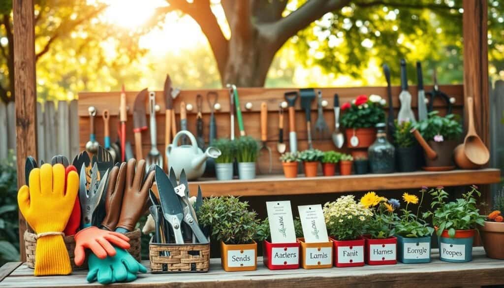 A beautifully organized gardening tool station on a backyard potting bench, featuring an array of essential tools like trowels, pruners, and watering cans displayed neatly. In the foreground, show colorful gloves and plant seeds in labeled containers. The middle ground showcases the potting bench made of rustic wood, with hooks displaying hand tools, while potted herbs and flowers add vibrant greenery. In the background, soft sunlight filters through nearby trees, casting gentle shadows. The atmosphere is calm and inviting, perfect for leisurely gardening. The scene is captured with a warm, natural color palette and a slight depth of field, emphasizing the tools and providing a sense of organization and functionality.