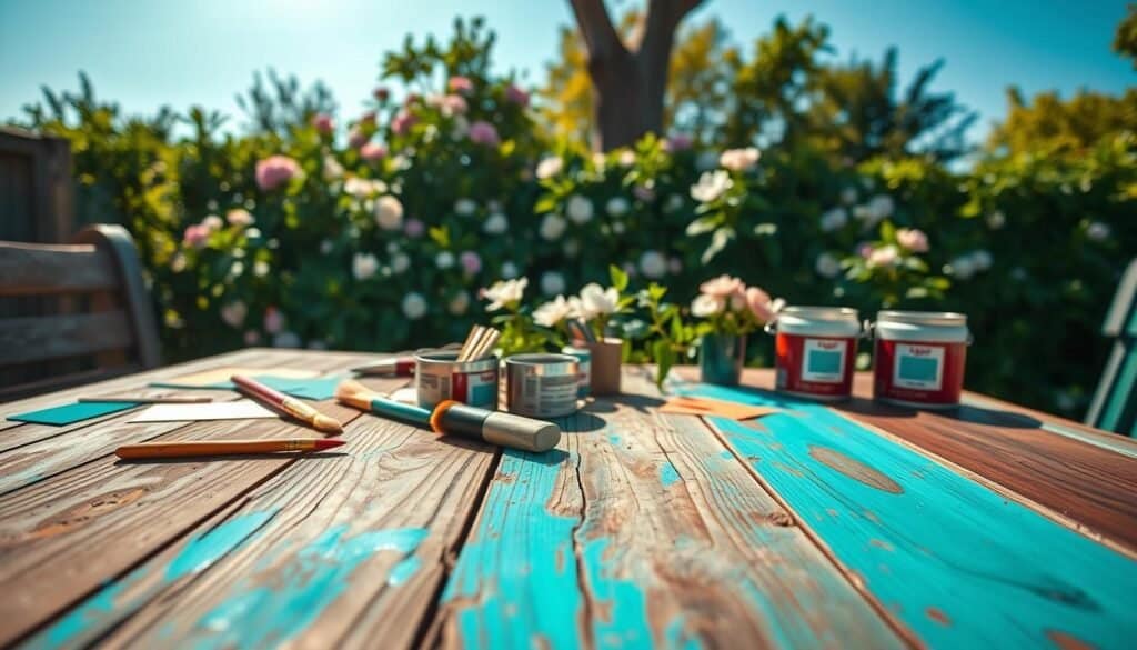 A beautifully styled garden table adorned with various paint swatches and wood stains, showcasing a blend of rustic charm and contemporary flair. In the foreground, the table is slightly weathered, displaying intricate details of wood grain enhanced by vibrant turquoise and deep mahogany hues. Scattered paintbrushes and open cans of stain add a creative touch. The middle layer features lush greenery with blooming flowers, softly diffusing the sunlight, creating a bright and inviting atmosphere. In the background, a clear blue sky and dappled sunlight filtering through trees enhance the sense of tranquility. The overall mood is cheerful and artistic, capturing the essence of DIY aesthetics. The image is well-lit, emphasizing the textures and colors of the decor.