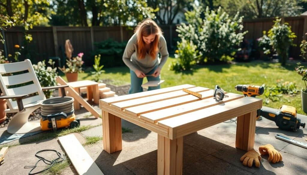 A bright, airy backyard scene showcasing a DIY garden side table project in progress. In the foreground, a medium-sized wooden table is half-assembled, with safety goggles and work gloves neatly placed nearby. The middle ground features a homeowner in modest casual clothing, carefully measuring wood pieces, demonstrating proper safety posture. Surrounding them are typical outdoor tools like a saw, drill, and level, emphasizing an organized workspace. The background reveals a lush garden with greenery and flowering plants under soft sunlight, creating a warm and inviting atmosphere. The image captures a sense of diligence and safety, highlighting the importance of precautions in outdoor DIY projects, with a focus on safe work practices.