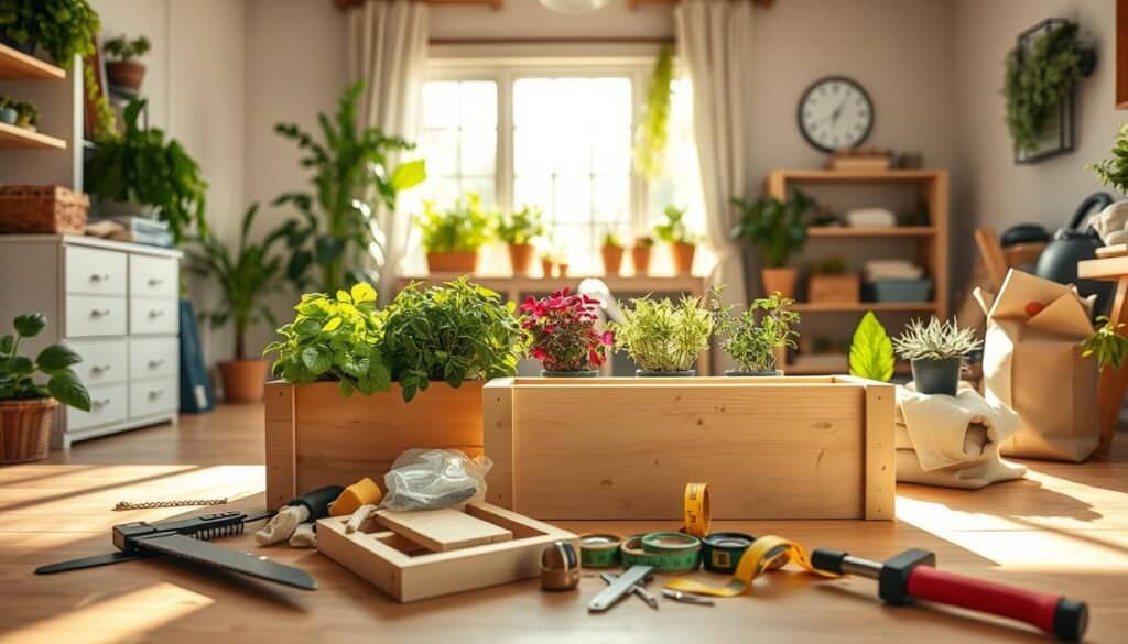 A bright, airy indoor workspace featuring a variety of DIY herb planter box materials. In the foreground, showcase a wooden planter box kit, unassembled, with scattered tools like a saw, hammer, and measuring tape nearby. The middle layer reveals a selection of vibrant herb plants in small pots, alongside bags of potting soil and gardening gloves. The background features a sunlit window with soft sunlight pouring in, illuminating the scene and creating a warm, inviting atmosphere. The space is tidy, with accents of greenery adding to the fresh, natural vibe. The composition has a slightly elevated perspective to capture the details while providing a clear view of the essential tools and materials needed for the project.