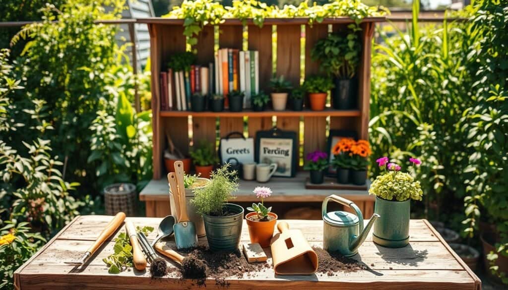 A charming backyard potting bench crafted from weathered wood, adorned with potted herbs and colorful flowers, set against a lush garden backdrop. In the foreground, the benchtop is scattered with gardening tools—trowels, soil bags, and a watering can—bathed in soft, warm sunlight that creates a cozy atmosphere. The middle features the potting bench itself, rustic yet functional, with shelves holding neatly arranged pots and gardening books, while the bright greenery of various plants fills the background, bathed in vibrant natural light. The scene evokes a sense of peaceful productivity, capturing the essence of outdoor gardening with an inviting and airy feel. The image should be composed with a slight overhead angle, showcasing the details of the bench and the surrounding garden.