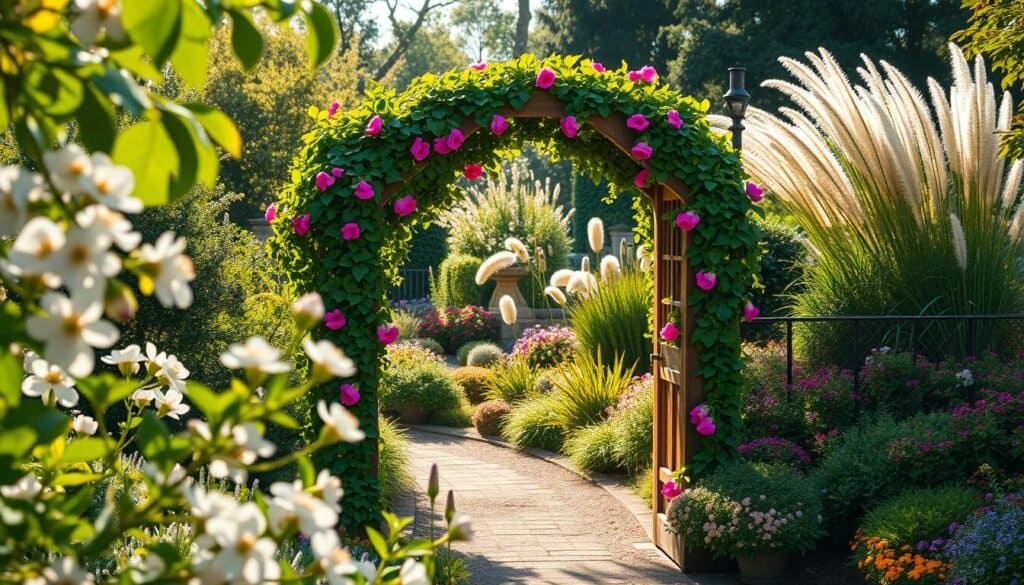 A charming garden folly, featuring a beautifully crafted wooden archway draped with vibrant climbing flowers, stands proudly at the entrance of a lush garden. In the foreground, delicate blossoms and lush greenery interact with the soft sunlight filtering through the leaves. The middle ground showcases the archway's intricate design, adorned with ivy and flowering vines that create a sense of whimsy and elegance. The background is filled with a variety of plants, including ornamental grasses and colorful perennials, bathed in warm natural light. The entire scene emanates a serene and inviting atmosphere, enhanced by a shallow depth of field to focus attention on the arch while gently blurring the garden's vibrant details. The composition captures the essence of a personalized garden space ideal for an entry feature.