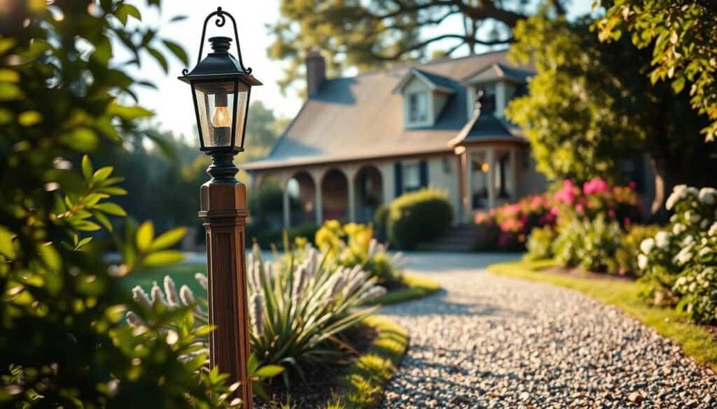 A charming rustic outdoor lamp post stands prominently in a lush garden, showcasing its detailed craftsmanship with a weathered wood finish and wrought iron accents. In the foreground, soft sunlight casts gentle rays through nearby foliage, illuminating the lamp's vintage glass lantern. The middle ground features a gravel pathway leading to the lamp post, inviting viewers to imagine strolling beneath its warm glow. In the background, hints of a picturesque farmhouse are visible, framed by blooming flowers and greenery. The scene evokes a serene, cozy atmosphere, perfect for evening gatherings. The composition is taken with a slightly low angle to highlight the height and elegance of the lamp post, ensuring a captivating and inviting ambiance.