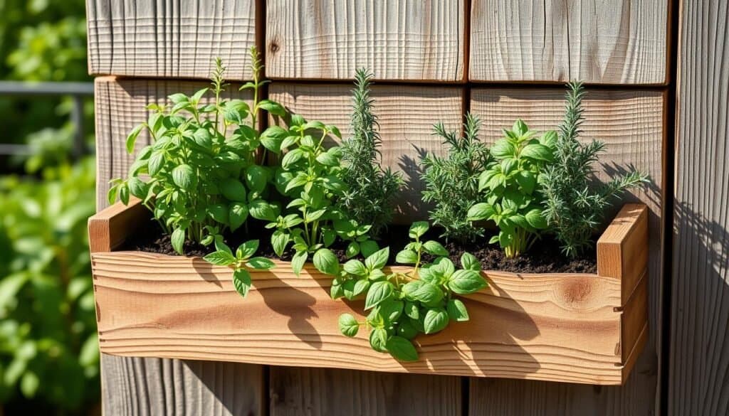 A charming rustic wall-mounted herb garden featuring a variety of vibrant green herbs such as basil, rosemary, and thyme, displayed in wooden planter boxes. The foreground should show the wooden planters with detailed textures, displaying herbs flourishing in rich, dark soil. The middle ground contains weathered wooden boards behind the planters, showcasing a rustic, barn-like aesthetic. Natural light streams in softly, highlighting the herbs and casting gentle shadows, creating a warm and inviting atmosphere. In the background, blurred greenery of a garden can be seen, enhancing the organic feel of the scene. The overall composition should evoke a sense of tranquility and connection to nature, ideal for a DIY home decor theme.