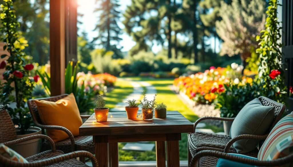 A charming small garden table made of rustic wood, adorned with glowing fairy lights and a few potted herbs, set in an inviting outdoor space. In the foreground, the table is surrounded by comfortable, modest seating like woven chairs and colorful cushions. The middle ground features lush greenery, blooming flowers, and a path made of smooth stones leading towards a vibrant flower bed. In the background, a soft-focus of tall trees and a bright blue sky can be seen, with soft sunlight filtering through the leaves. Capture the scene with warm, natural lighting to create a cozy, inviting atmosphere that highlights the usefulness of the garden table in enhancing outdoor areas. Use a wide-angle lens perspective to suggest a spacious feel.