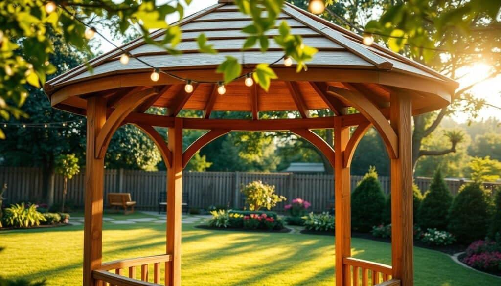 A charming wooden gazebo adorned with delicate string lights, set in a serene backyard environment. The foreground features the intricate wooden structure with a slatted roof, showcasing fine craftsmanship and warm, inviting hues of natural wood. The middle ground displays lush greenery, neatly manicured lawns, and colorful flowerbeds that enhance the picturesque scene. In the background, soft sunlight filters through the trees, casting gentle shadows and creating an airy, well-lit atmosphere. The angle captures the gazebo from a slightly elevated perspective, allowing for a clear view of the lights glowing softly in the evening ambiance, complementing the tranquil mood of a perfect outdoor retreat.
