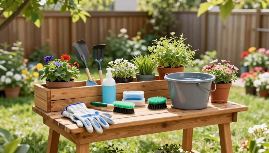 A clean and organized garden tool cleaning station situated in a lush backyard, featuring a wooden workbench adorned with various gardening tools, soap, and a bucket of water. The foreground showcases a pair of neatly arranged gloves and a scrubbing brush, emphasizing their readiness for use. In the middle, the workbench is surrounded by an array of vibrant potted plants and small flower beds, highlighting the garden atmosphere. Sunlight filters through the trees, casting soft shadows and illuminating the workspace, creating a serene and inviting environment. In the background, a wooden fence and blooming flowers add depth and color to the scene. The overall mood is peaceful, reflecting the efficient cleaning process that enhances outdoor work.