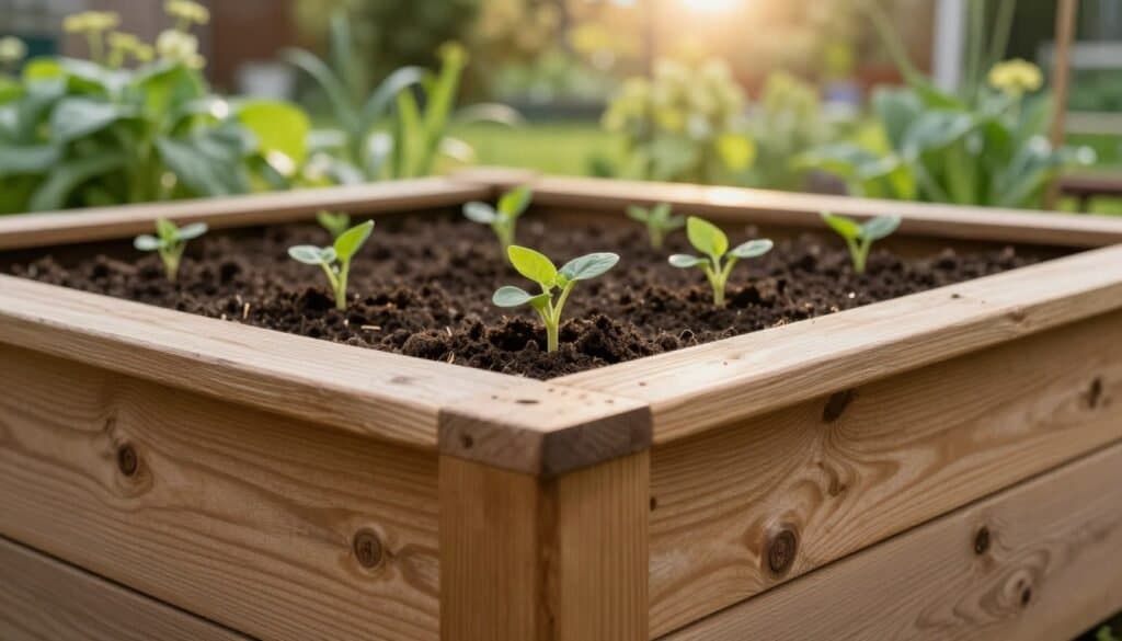 A close-up view of a raised garden bed, focusing on its depth, showcasing rich, dark soil ready for planting. In the foreground, intricately designed wood planks form the sturdy sides of the bed, with detailed textures like knots and grains visible. In the middle ground, young plants are emerging, indicating healthy growth. The background features a lush garden with various green plants gently blurred for depth. Soft, natural sunlight filters through the leaves, creating a warm and inviting atmosphere. The image captures a serene, organized space, emphasizing the importance of proper depth in divider boxes for successful gardening, shot from a low angle to enhance the sense of height.