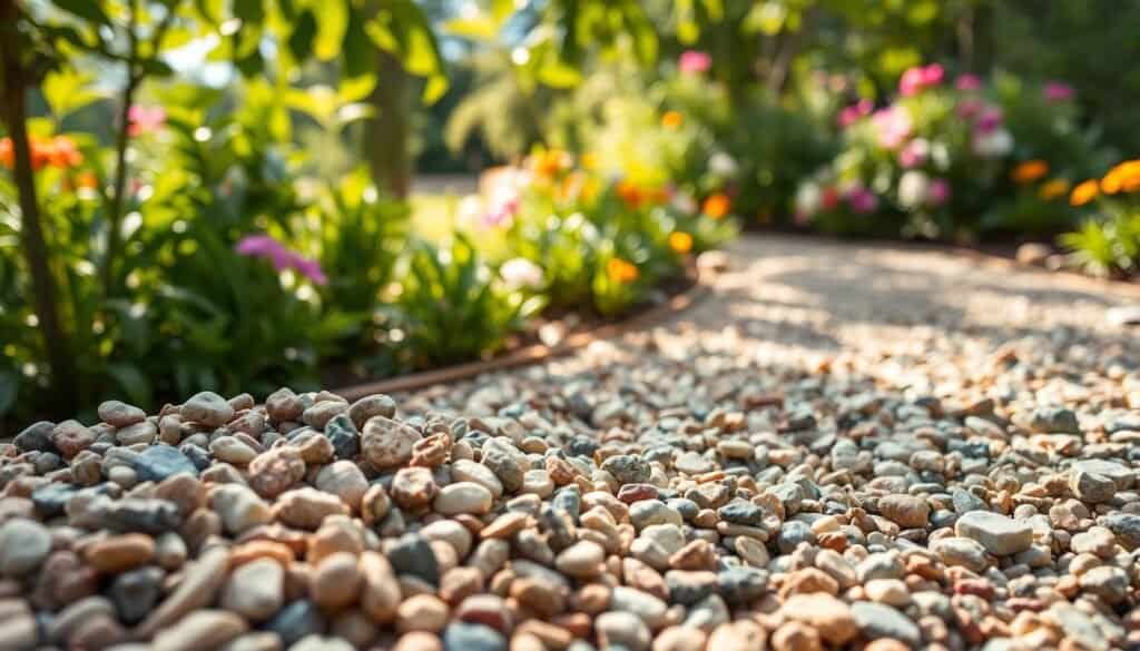 A close-up view of different types of gravel suitable for garden paths, arranged in a natural setting. In the foreground, various gravel sizes, from small pebbles to medium-sized stones, reflect a range of earthy colors such as gray, beige, and reddish tones. The middle ground features a well-maintained gravel garden path, winding through lush green plants and colorful flowers, showcasing the gravel's texture and size. In the background, a sunny garden environment with soft sunlight filtering through leaves creates an inviting atmosphere. The image captures the bright natural light illuminating the gravel, enhancing its appeal, with a shallow depth of field focusing on the gravel while softly blurring the background, emphasizing the beauty of each type of gravel for garden pathways.