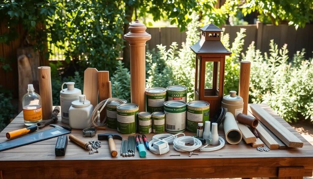 A collection of DIY outdoor lantern post materials arranged on a rustic wooden workbench in a well-lit garden setting. In the foreground, a variety of tools including a saw, hammer, and screws lay alongside wooden posts and lantern fixtures. The middle ground features neatly organized pieces of wiring, paint cans in natural hues, and a partially assembled lantern, showcasing the building process. The background reveals a lush garden with soft sunlight filtering through the leaves, creating an inviting and serene atmosphere. The composition emphasizes bright, natural light that highlights the textures of the materials, with a focus on warmth and creativity, ideal for a home project.
