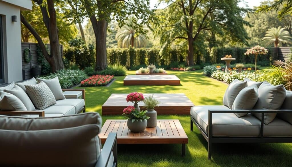 A contemporary outdoor seating area featuring a stylish patio setup. In the foreground, plush, modern outdoor furniture with soft cushions in neutral tones invites relaxation. A sleek wooden coffee table adorned with vibrant potted plants adds a pop of color. In the middle ground, a carefully designed wooden platform sits on plush green grass, surrounded by well-maintained flower beds. The background showcases a tranquil garden with tall trees providing gentle shade. The scene is bathed in bright, natural light, with soft sunlight filtering through leaves, creating a warm and inviting atmosphere. Capture this setup from a slightly elevated angle for a comprehensive view, highlighting the balance and harmony of the design.