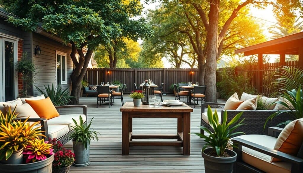 A cozy backyard restaurant patio setting, showcasing a stylish, rustic wooden side table at the center. The foreground features vibrant potted plants and comfortable seating arranged around the table, with cushions in warm, inviting colors. In the middle ground, a wide, open layout reveals wooden decking illuminated by soft, natural sunlight filtering through lush greenery overhead. The background includes subtle string lights hanging between trees, enhancing the relaxed, inviting atmosphere. A well-set table displays tasteful dinnerware, hinting at a delightful dining experience. Capture this scene with a slightly elevated angle, allowing a glimpse of the patio's overall harmony, evoking feelings of warmth and community in a serene outdoor environment.