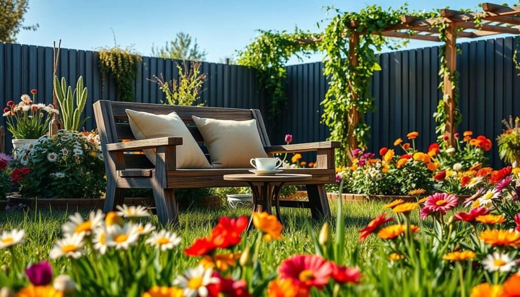 A cozy garden scene featuring a simple, rustic wooden bench set in a vibrant backyard. The foreground shows the bench, constructed from weathered reclaimed wood, complete with soft cushions in earthy tones for comfort. Surrounding it, lush green grass blends with colorful flower beds bursting with daisies, tulips, and marigolds. In the middle ground, a small round table adorned with a steaming cup of tea rests beside the bench, enhanced by gentle afternoon sunlight casting soft shadows. The background reveals a trellis with climbing vines and a clear blue sky, inviting tranquility. The lighting captures the warmth of a sunny day, creating an inviting atmosphere that suggests relaxation and peace in this serene outdoor haven.