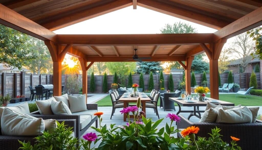 A cozy, inviting roof-covered patio in a backyard setting, showcasing elegant wooden support beams and a stylish stone floor. The foreground features comfortable, modern outdoor furniture with plush cushions, inviting for relaxation or gathering with friends. In the middle ground, lush green plants and flowers add vibrant pops of color, while a tasteful dining table is set for a meal, emphasizing seasonal use. In the background, a well-maintained garden with trees and shrubs enhances the serene atmosphere. The scene is illuminated by bright, soft natural light with a touch of golden sunset, capturing a warm and welcoming mood. The angle is slightly elevated, providing a panoramic view that emphasizes the harmony between the patio and its surrounding nature, ideal for climate and weather protection.