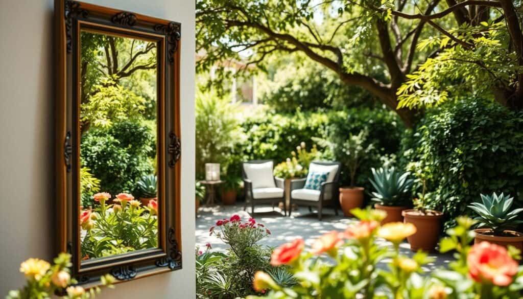 A cozy outdoor garden scene showcasing artfully arranged mirrors in a small backyard space, emphasizing their ability to create an illusion of depth. In the foreground, a beautifully framed rectangular mirror reflects vibrant green plants and flowers, blending seamlessly with the natural scenery. The middle ground features a serene seating area with comfortable chairs surrounded by decorative pots, while the background includes lush greenery and softly diffused light filtering through tree branches, creating a tranquil atmosphere. The scene is illuminated by bright natural light, enhancing colors and textures, while the overall composition feels inviting and airy. The perspective is slightly elevated, allowing viewers to appreciate both the mirrors and the charming garden layout.