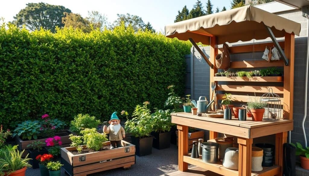 A cozy outdoor potting station nestled in a lush garden setting. In the foreground, a wooden potting bench crafted from weather-resistant materials, adorned with potted plants, gardening tools, and a small watering can. The bench is partially covered with a stylish canopy, providing shade and protection from the elements. In the middle ground, colorful flower beds and herbs thrive in well-organized containers, while a whimsical garden gnome adds a touch of charm. The background features a vibrant green hedge and the soft outlines of trees under a bright blue sky, enhancing the serene atmosphere. The scene is bathed in soft sunlight, illuminating the details and creating an inviting and airy feel, perfect for a productive gardening experience.