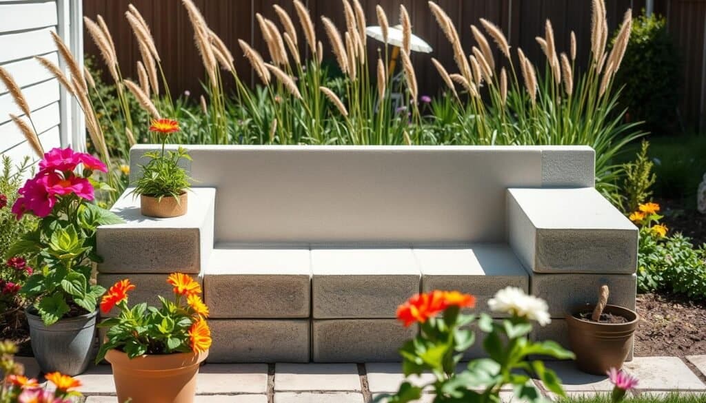 A creative cinder block garden bench designed for a serene backyard setting. The bench is constructed from textured gray cinder blocks arranged in an artistic, modern pattern, with a smooth stucco finish on the seating surface. In the foreground, vibrant green potted plants and colorful blooming flowers frame the bench, adding life to the scene. The middle of the image showcases the bench itself, catching soft sunlight that creates gentle shadows, enhancing the textures of the cinder blocks and stucco. In the background, a lush garden filled with tall grasses and low-maintenance shrubs adds depth and tranquility. The overall mood is inviting and peaceful, perfect for backyard relaxation. The scene is illuminated with bright natural light, capturing the essence of a beautiful outdoor space.