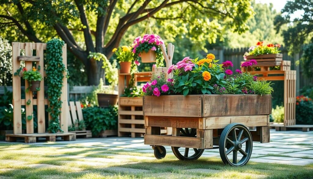 A delightful outdoor scene featuring various pallet planters creatively designed for a DIY rolling plant cart. In the foreground, focus on a rustic wooden cart adorned with vibrant flowers and leafy herbs, showcasing diverse pallet planter styles—some vertical, others stacked. The middle ground highlights additional planter variants, including hanging pallets with cascading vines and flower boxes filled with colorful blooms. In the background, a lush garden with sunlight filtering through trees provides a soft and inviting atmosphere, emphasizing natural beauty. The lighting is bright and airy, with soft sunlight creating gentle shadows, enhancing the textures of the wood and plants. The overall mood is cheerful and inspiring, perfect for garden enthusiasts looking for creative ideas.