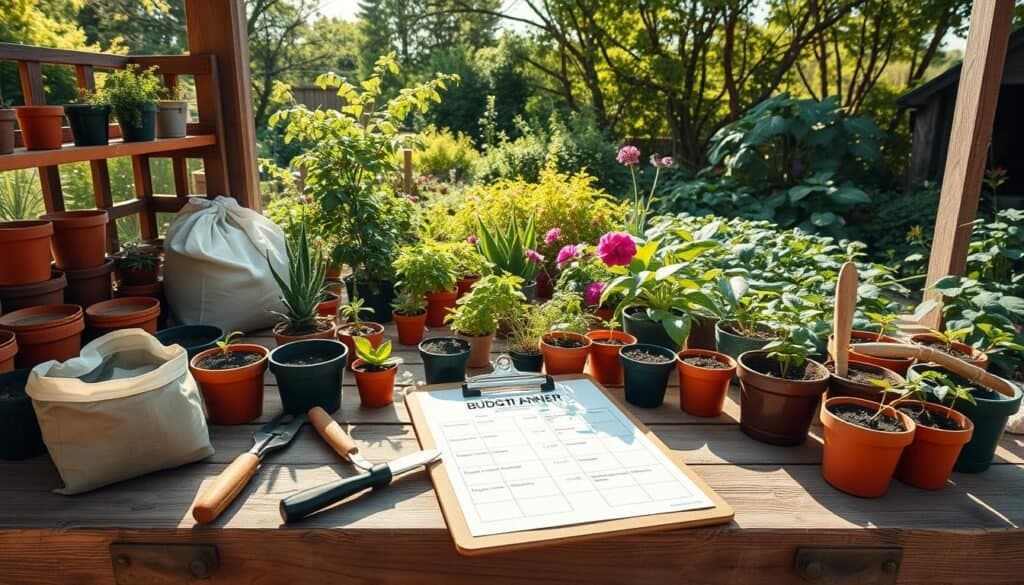 A detailed DIY gardening bench scene, featuring a well-organized outdoor workstation for potting plants. In the foreground, showcase a rustic wooden potting bench filled with pots, soil bags, and various hand tools like trowels and gloves. Add a budgeting planner, marked with cost-saving strategies on a clipboard resting on the bench. In the middle ground, depict an abundance of vibrant plants in various stages of growth, creating a lively atmosphere. The background should feature a lush garden with sunlight streaming through trees, casting soft shadows. The scene is bright and airy, with natural light illuminating the workspace, evoking a sense of productivity and creativity. Use a wide-angle perspective to capture the full essence of this functional project hub.