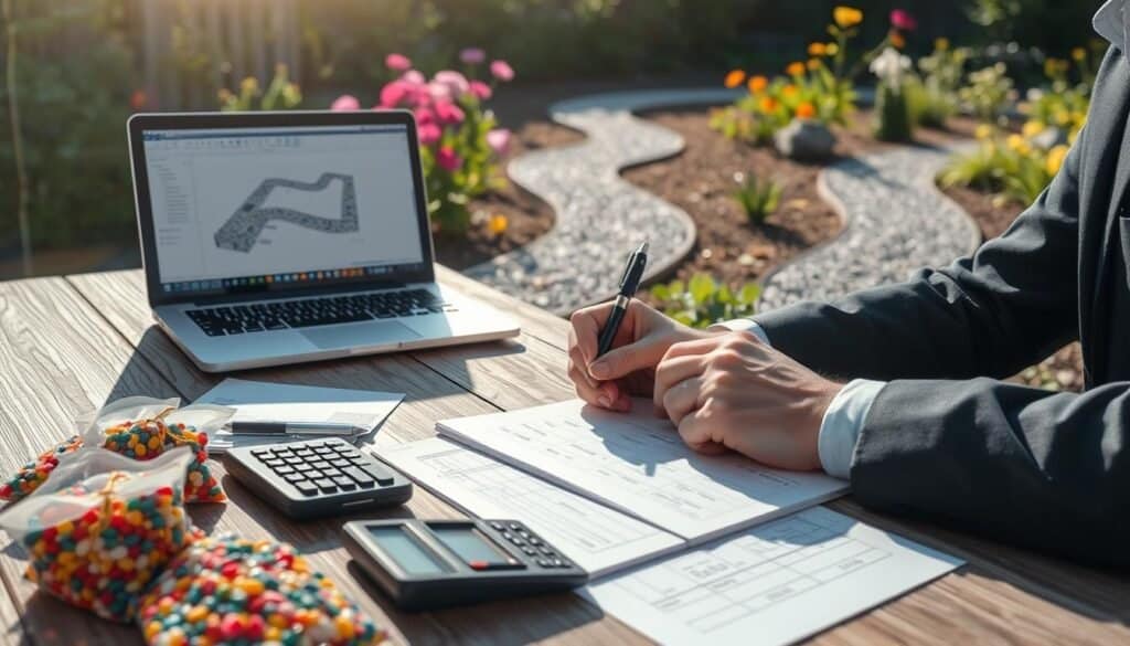 A detailed and realistic scene depicting a budgeting session for a gravel garden path installation. In the foreground, a wooden table covered with a variety of materials: colorful gravel samples in small bags, a calculator, and an open notebook with sketches and cost estimates. A pair of hands, dressed in professional business attire, is thoughtfully writing notes. The middle ground features a laptop displaying a design software with a gravel path layout. In the background, a well-lit garden with a partially installed gravel path winding through blooming flowers and green plants, illuminated by bright natural light. The atmosphere is focused and organized, conveying a sense of planning and decision-making in a serene outdoor setting. Soft sunlight enhances the scene, creating an inviting ambiance.