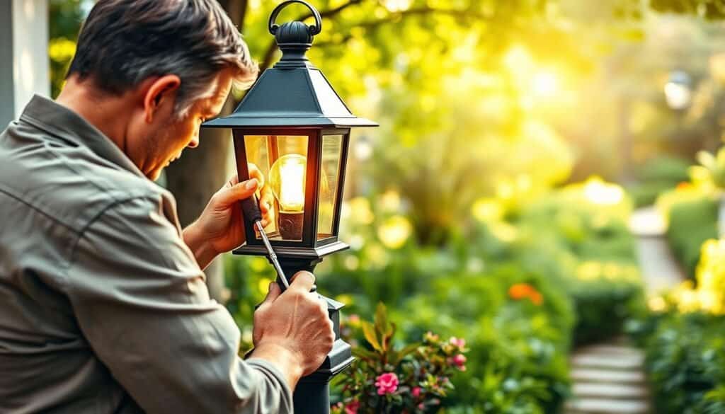 A detailed depiction of a person performing maintenance on a traditional outdoor lantern post in a lush garden setting. In the foreground, a middle-aged individual in modest casual clothing carefully inspects the lantern, using tools like a screwdriver and cleaning materials. The middle section features an elegant lantern post, with warm, inviting light emanating from the bulb, surrounded by well-maintained plants and small vibrant flowers. The background showcases a soft-focus garden path lined with greenery, bathed in bright natural light and soft sunlight, creating an airy and well-lit atmosphere. The scene conveys a sense of tranquility and dedication to outdoor home improvement, encapsulating the essence of garden lighting maintenance.