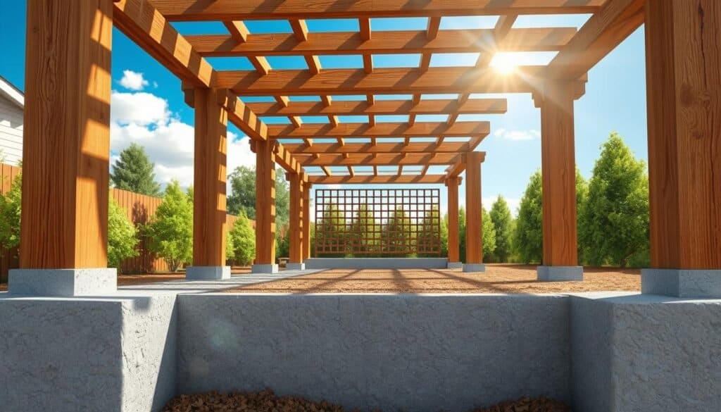 A detailed illustration of a backyard pergola foundation and structural system, showcasing the concrete footings, wooden beams, and latticework in a realistic setting. In the foreground, focus on the sturdy concrete footings, equipped with rebar for reinforcement. In the middle ground, display the framework of the pergola, with richly textured wooden beams forming an elegant and functional structure. The background features lush greenery and a clear blue sky, illuminated by bright natural sunlight, creating an airy and inviting atmosphere. Use a slightly elevated angle to capture the design intricacies while maintaining depth in the composition. The overall mood should be serene and inspiring, emphasizing the craftsmanship behind a well-planned pergola structure.