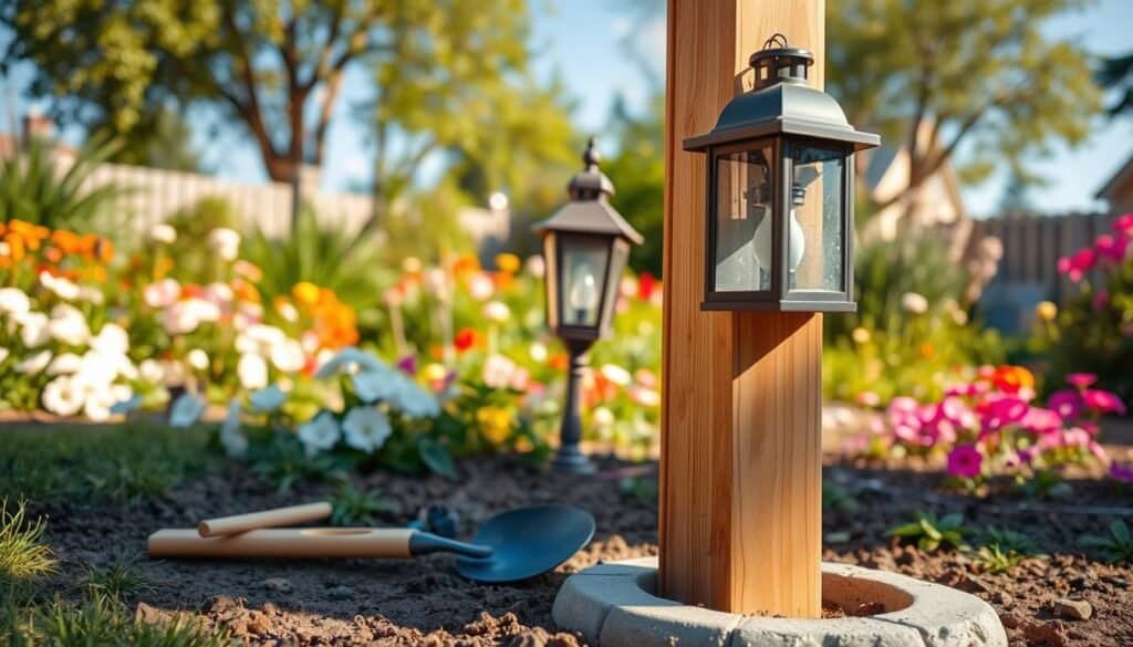 A detailed outdoor scene depicting the installation of a stylish garden lantern post. In the foreground, a meticulously constructed wooden post is being secured into the ground with concrete, while tools like a level and shovel are neatly positioned nearby. In the middle ground, a partially installed lantern with a classic design captures soft sunlight, casting gentle shadows. The background features a lush garden filled with blooming flowers and greenery, symbolizing a serene outdoor space. The setting exudes a vibrant, inviting atmosphere, complemented by clear blue skies and warm, natural light. The angle of the shot is slightly elevated, showcasing the process while emphasizing the beauty of the garden space.